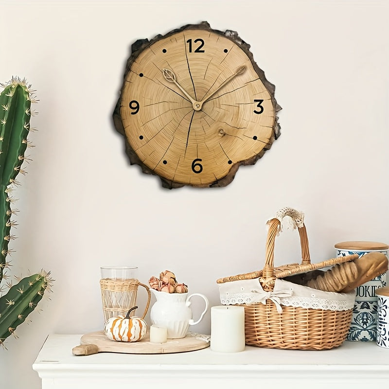 Reloj de pared de cuarzo silencioso con grano de madera rústico y borde irregular