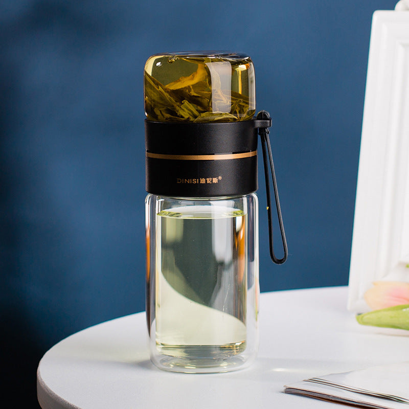 Botella de agua de vidrio de borosilicato de doble pared, a prueba de fugas, con infusor de té