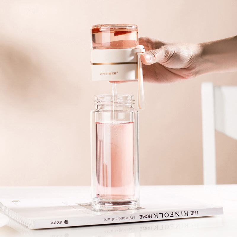 Botella de agua de vidrio de borosilicato de doble pared, a prueba de fugas, con infusor de té