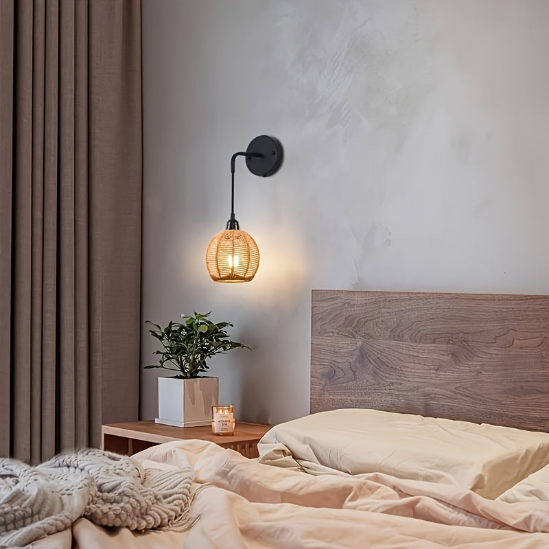 Aplique de pared ajustable de ratán tejido a mano, estilo bohemio y rústico