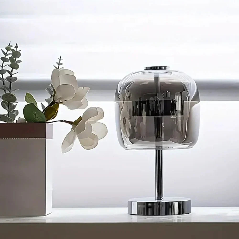Lámpara de mesa esférica de vidrio esmerilado y hierro, regulable e inalámbrica por USB