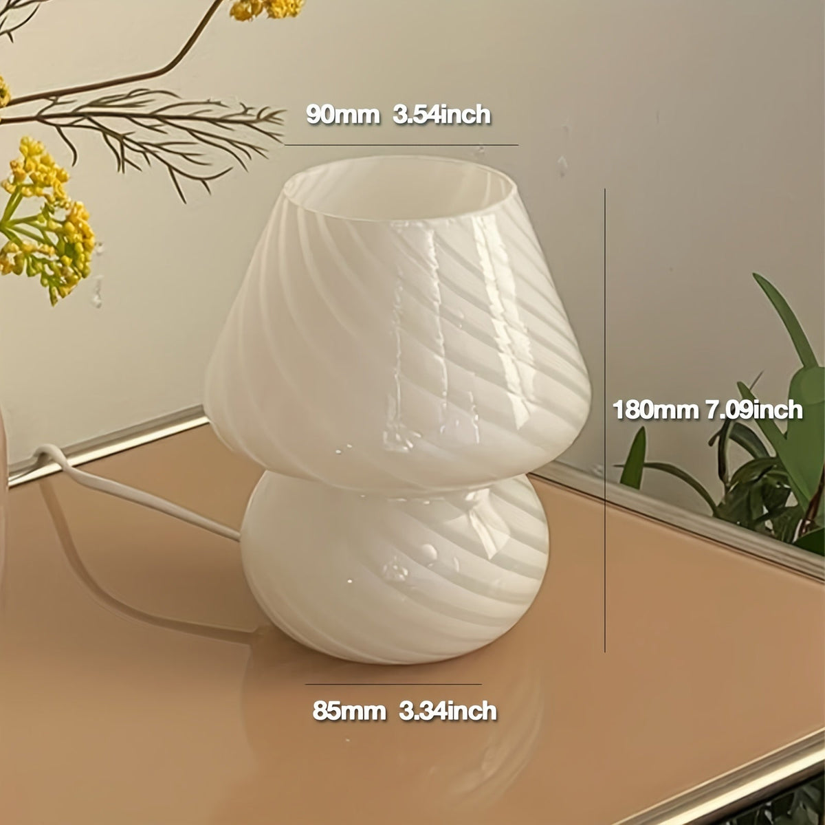 Lámpara de mesa de cristal artístico en espiral con forma de champiñón y regulable