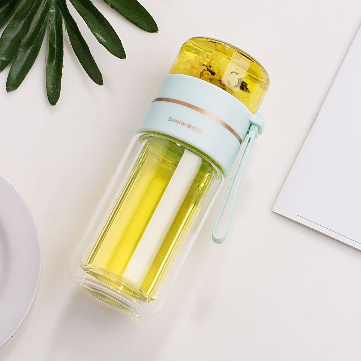 Botella de agua de vidrio de borosilicato de doble pared, a prueba de fugas, con infusor de té
