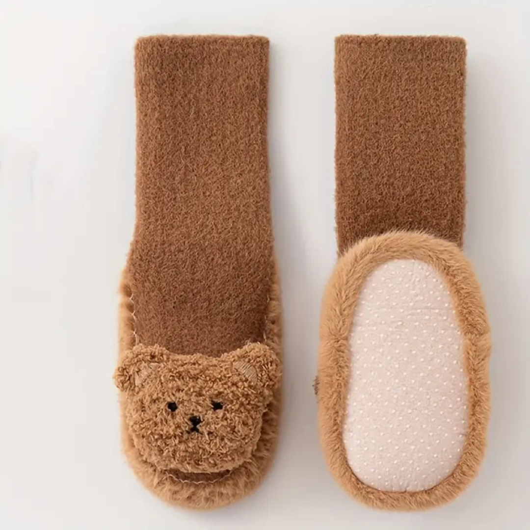 Calcetines tipo zapatilla infantiles suaves y mullidos con diseño de oso, fáciles de poner