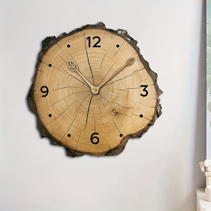 Reloj de pared de cuarzo silencioso con grano de madera rústico y borde irregular
