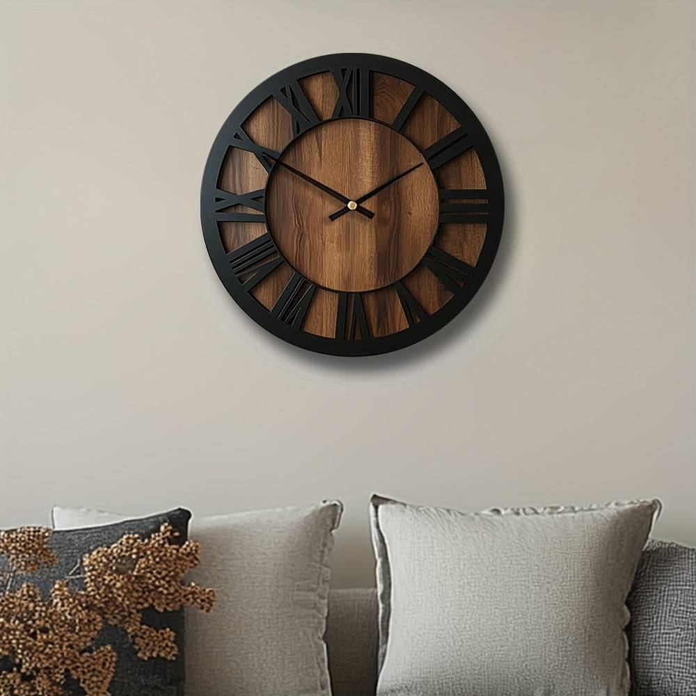 Reloj de pared silencioso de madera rústica con números romanos