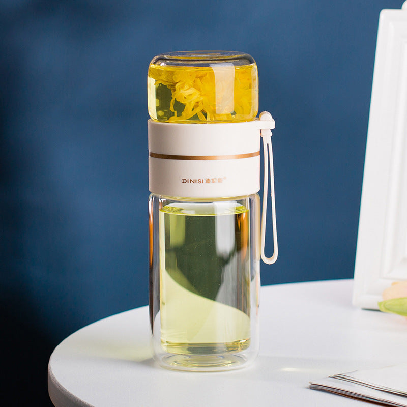 Botella de agua de vidrio de borosilicato de doble pared, a prueba de fugas, con infusor de té