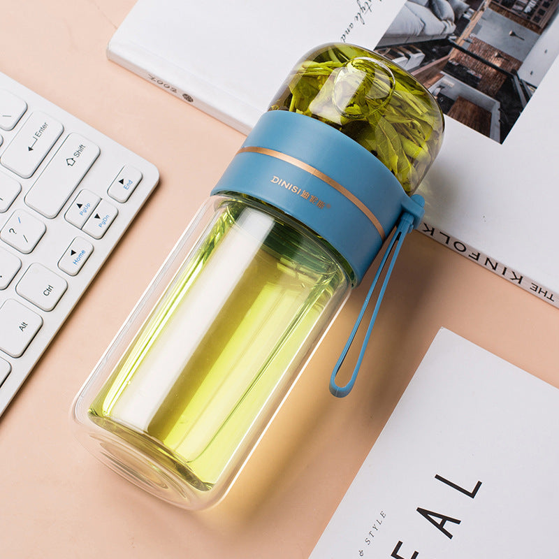 Botella de agua de vidrio de borosilicato de doble pared, a prueba de fugas, con infusor de té
