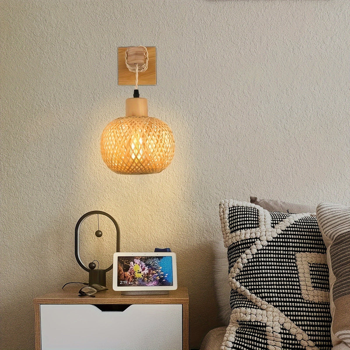 Lámpara de pared rústica de madera y ratán tejido a mano, estilo bohemio