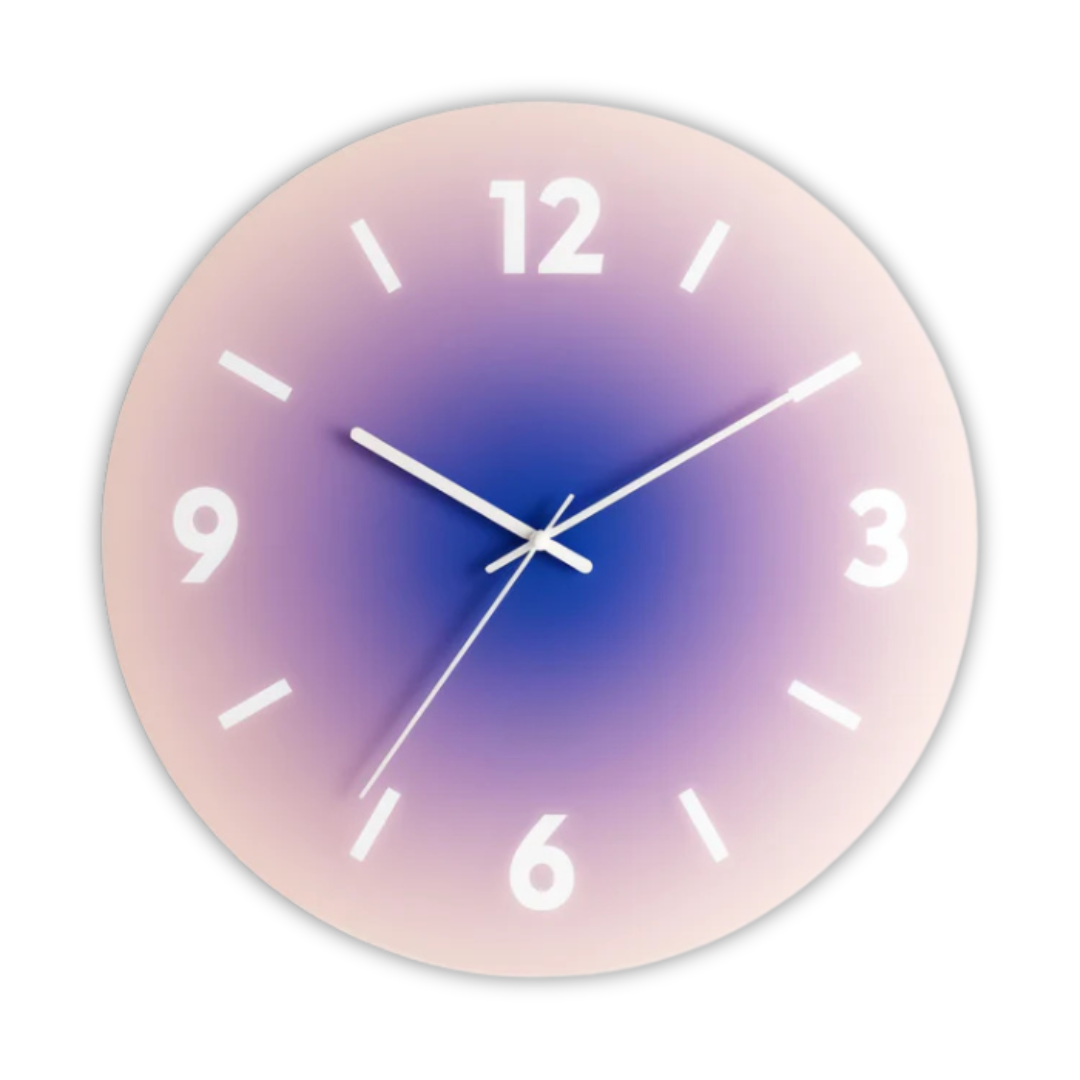 Reloj de pared redondo de vidrio con degradado de atardecer y movimiento de cuarzo silencioso