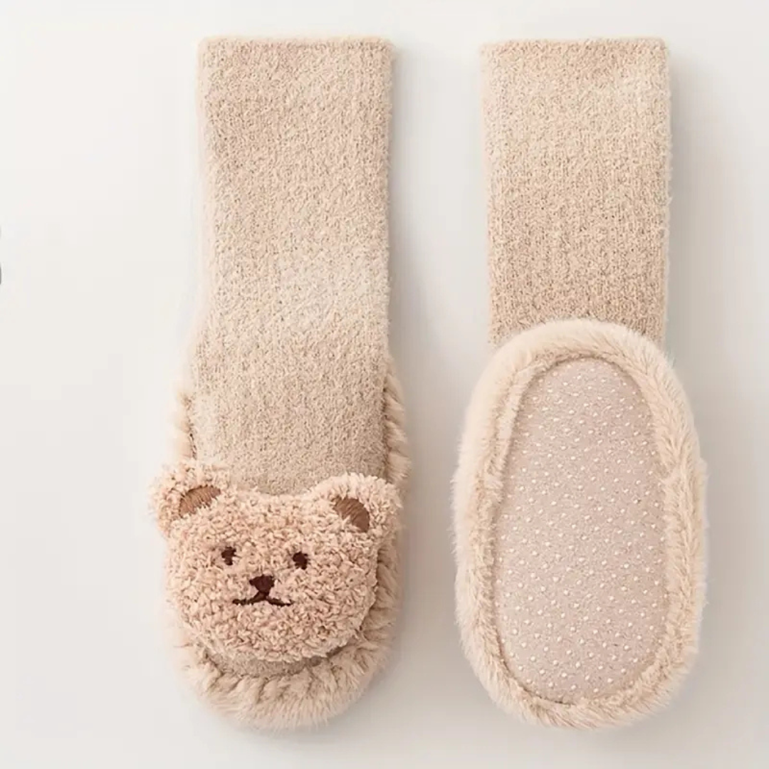 Calcetines tipo zapatilla infantiles suaves y mullidos con diseño de oso, fáciles de poner