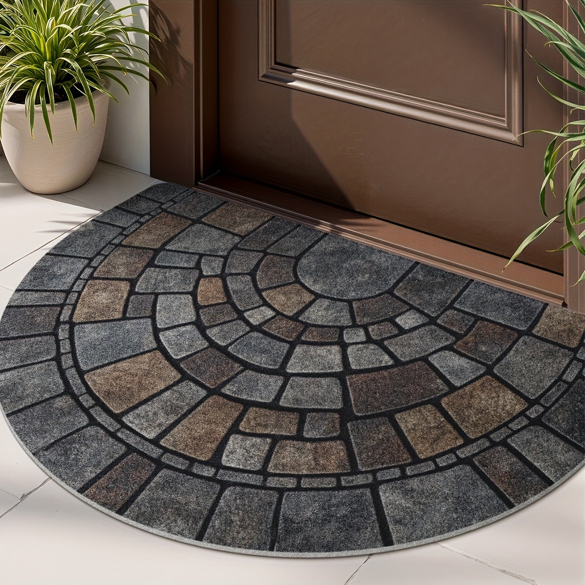 Alfombrilla semicircular de interior y exterior con mosaico de adoquines, antideslizante