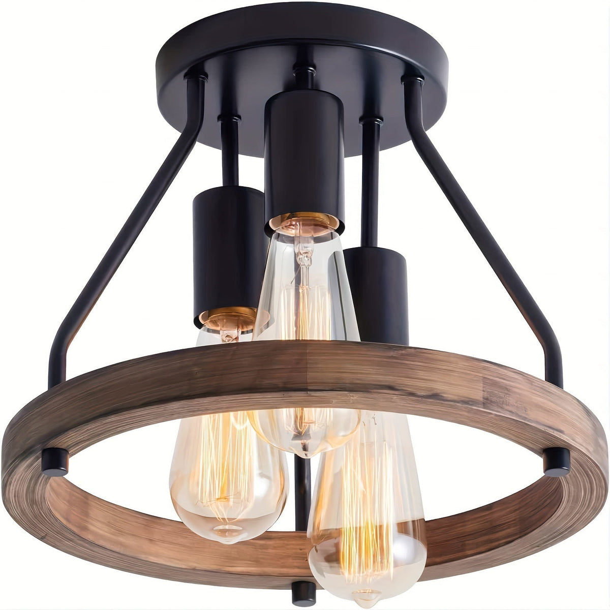 Lámpara de techo industrial semiflush con aro de madera rústica