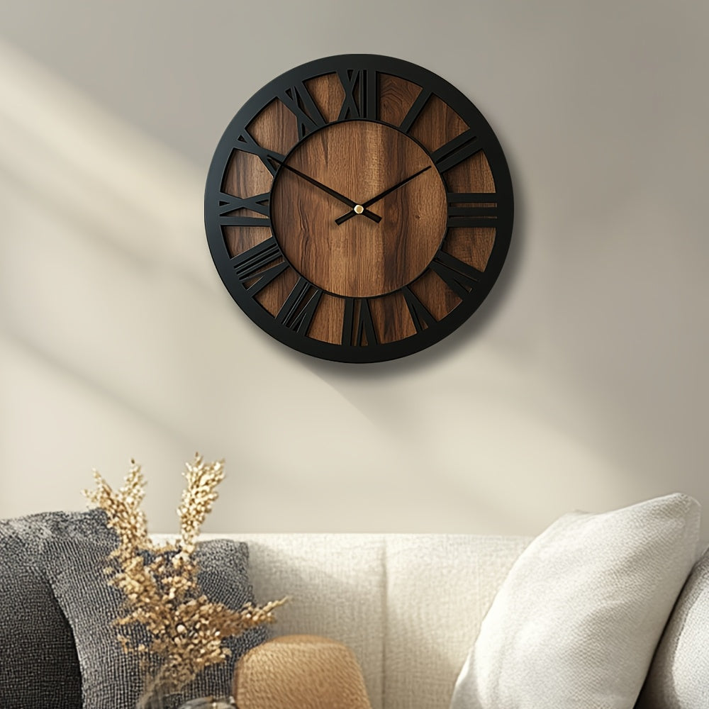 Reloj de pared silencioso de madera rústica con números romanos