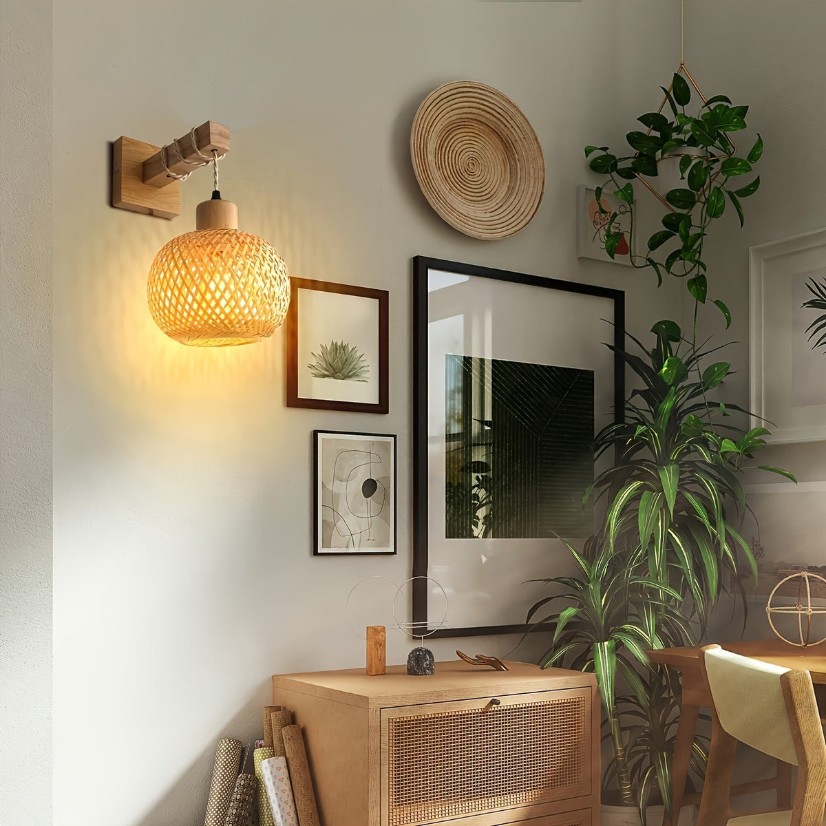 Lámpara de pared rústica de madera y ratán tejido a mano, estilo bohemio