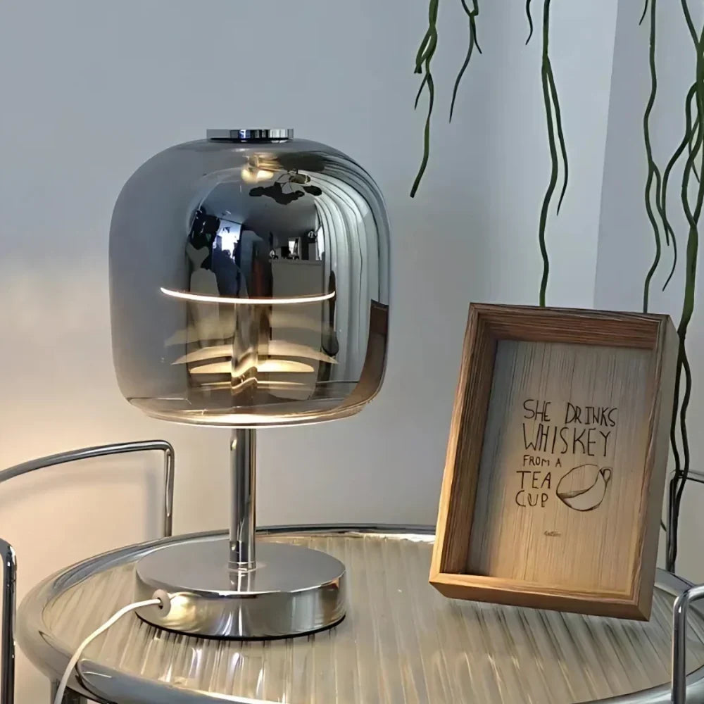Lámpara de mesa esférica de vidrio esmerilado y hierro, regulable e inalámbrica por USB