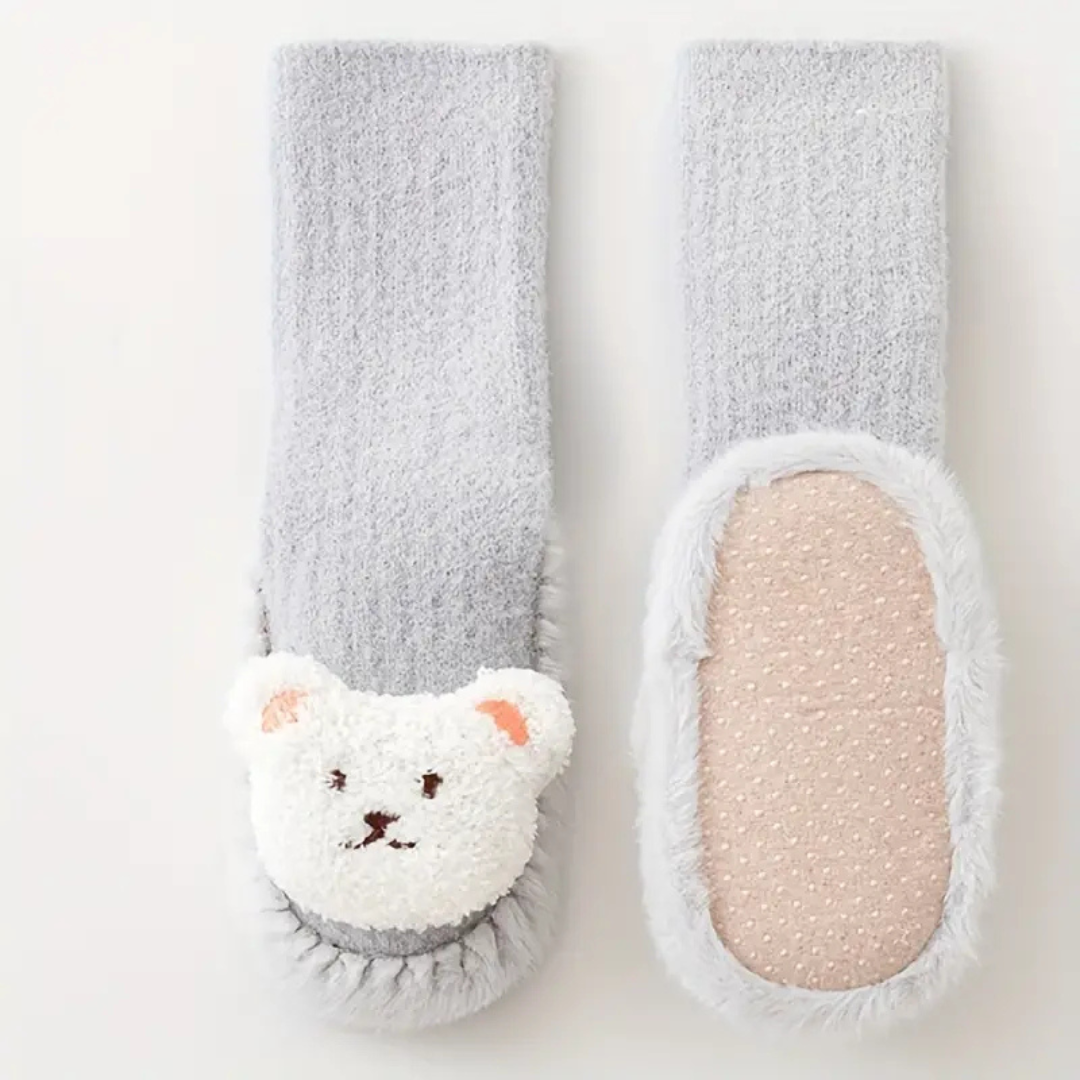 Calcetines tipo zapatilla infantiles suaves y mullidos con diseño de oso, fáciles de poner