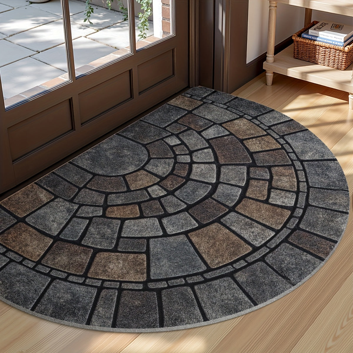 Alfombrilla semicircular de interior y exterior con mosaico de adoquines, antideslizante