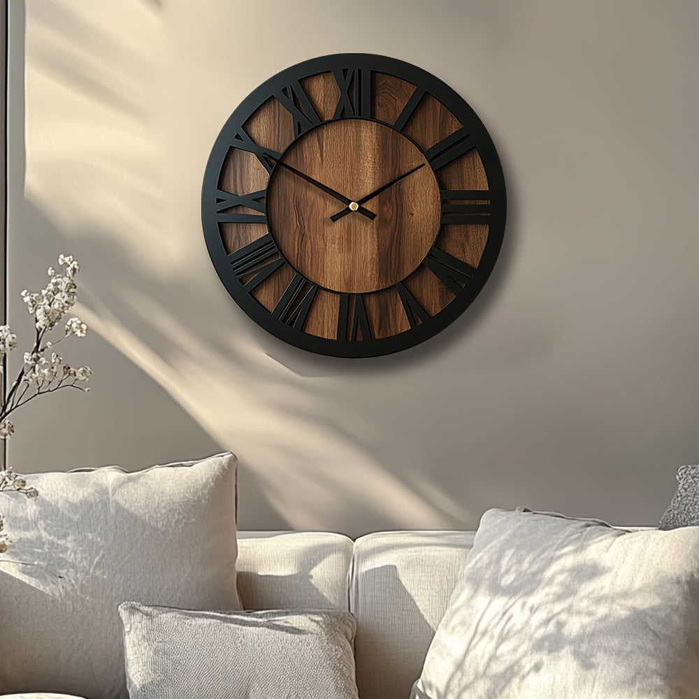 Reloj de pared silencioso de madera rústica con números romanos