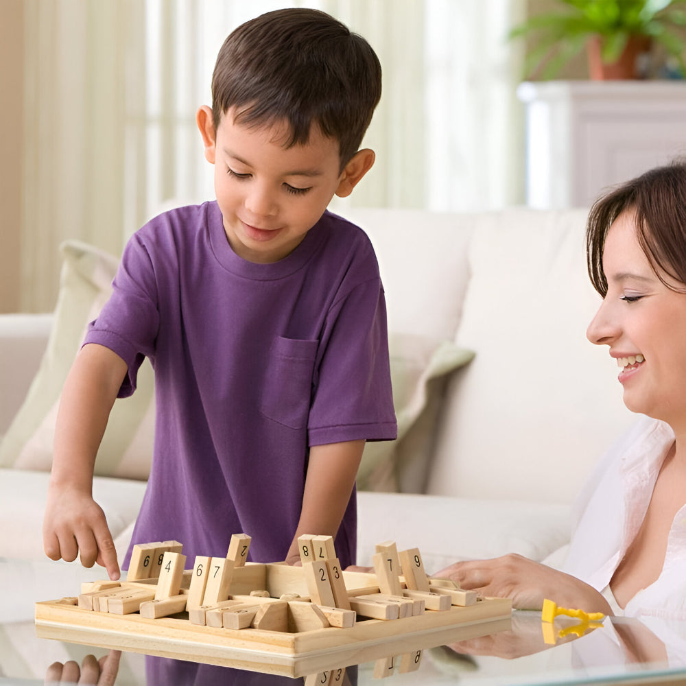 Juego de mesa familiar compacto de aprendizaje matemático, de madera y forma cuadrada