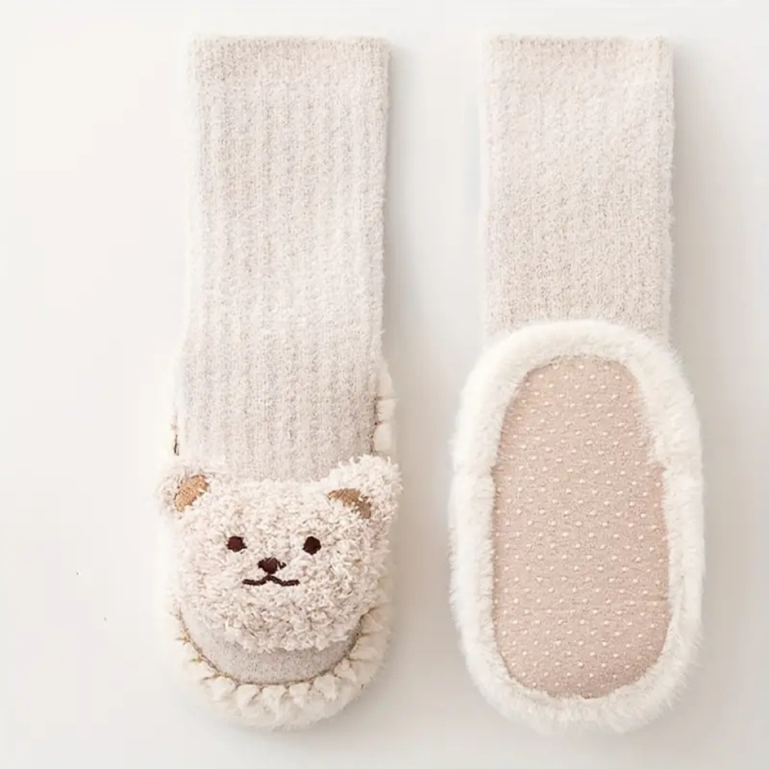 Calcetines tipo zapatilla infantiles suaves y mullidos con diseño de oso, fáciles de poner