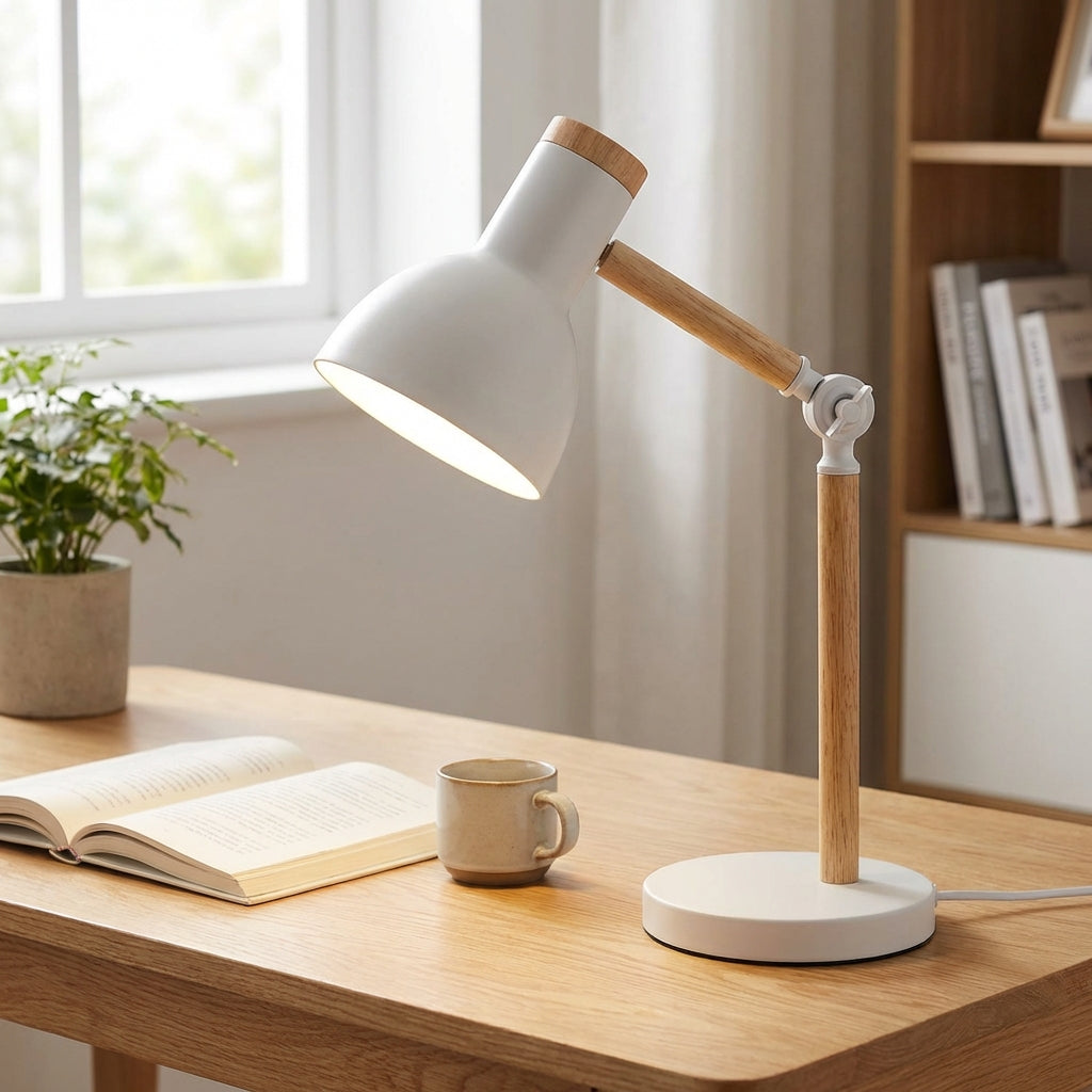 Lámpara de mesa de trabajo escandinava ajustable, con cúpula semicircular de madera y metal