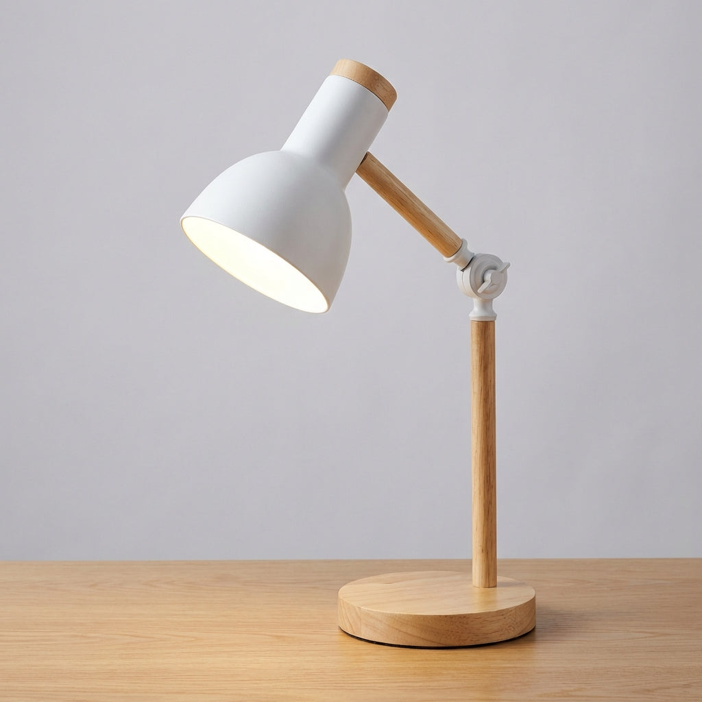 Lámpara de mesa de trabajo escandinava ajustable, con cúpula semicircular de madera y metal