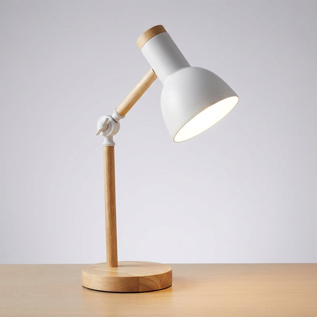 Lámpara de mesa de trabajo escandinava ajustable, con cúpula semicircular de madera y metal