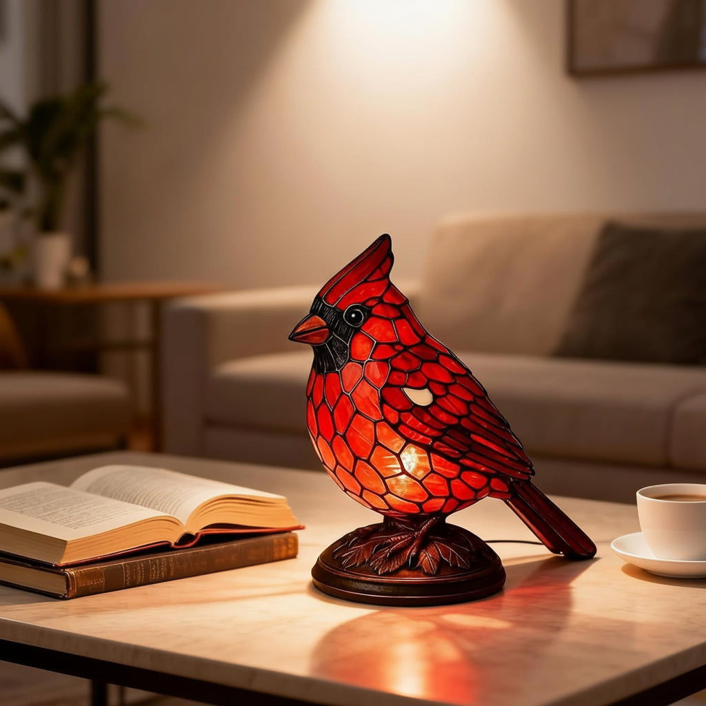Lámpara de mesa de vidrio artístico con escultura de ave cardenal