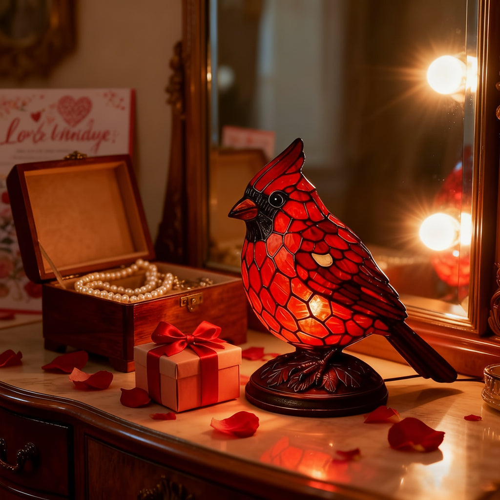 Lámpara de mesa de vidrio artístico con escultura de ave cardenal