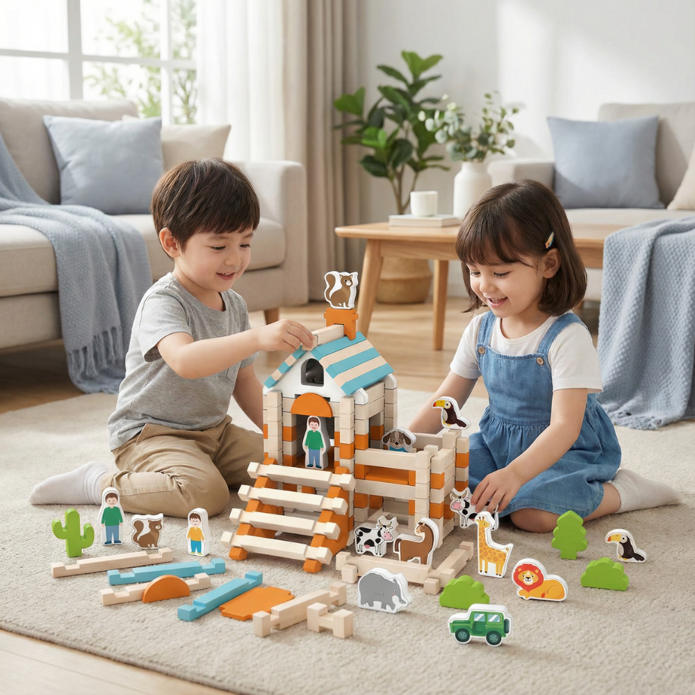 Set de juego de bloques de construcción Montessori apilables de madera natural