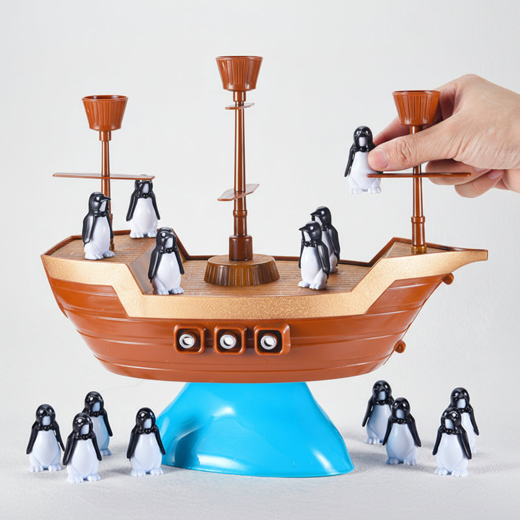 Set de juego y juguete de equilibrio para apilar pingüinos en un barco pirata tambaleante