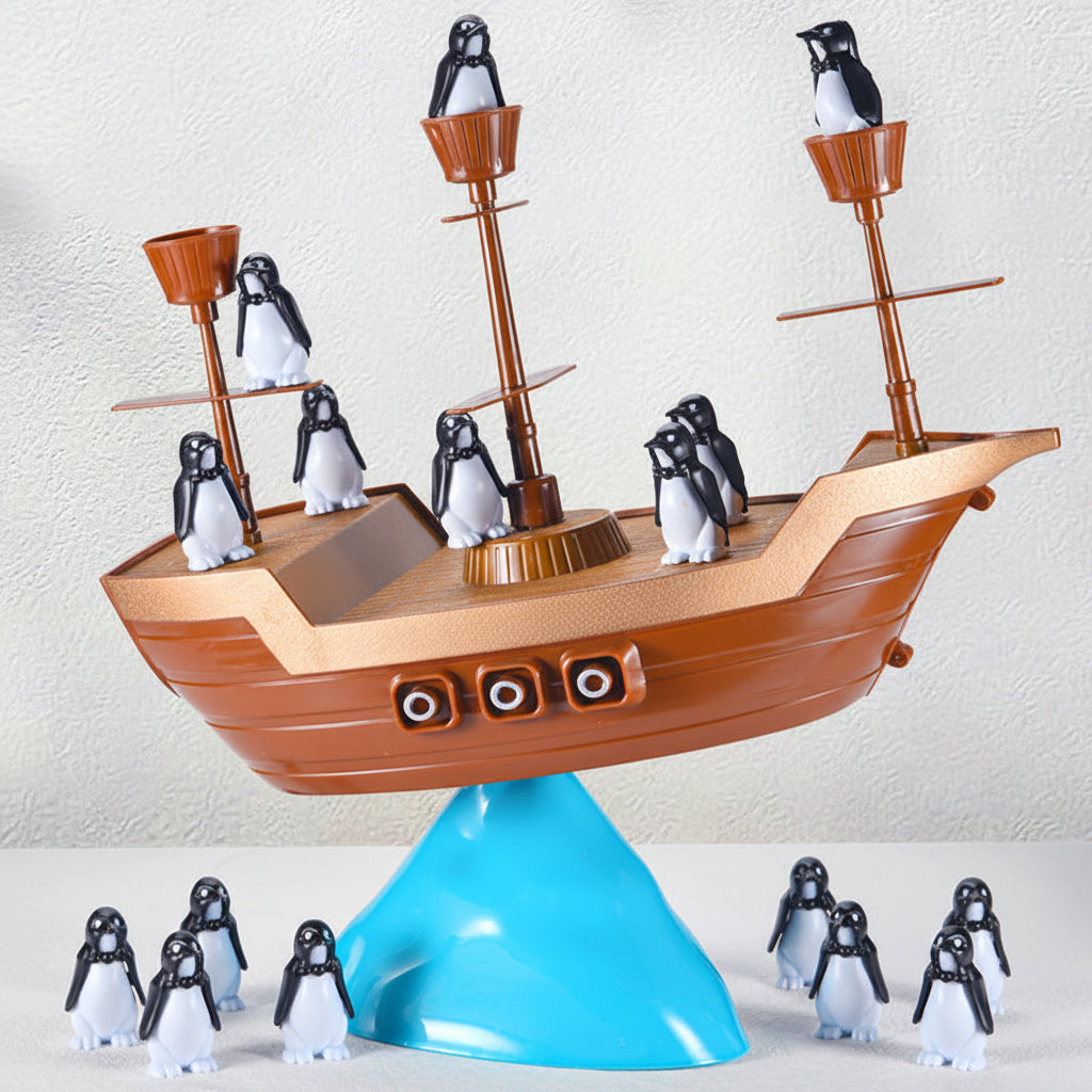 Set de juego y juguete de equilibrio para apilar pingüinos en un barco pirata tambaleante