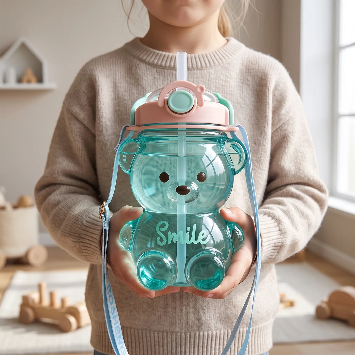 Botella de agua infantil transparente con forma de oso, diseño divertido y correa
