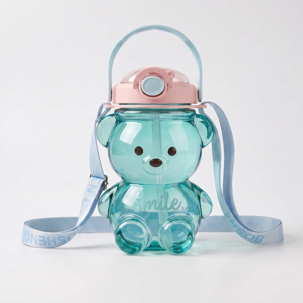 Botella de agua infantil transparente con forma de oso, diseño divertido y correa