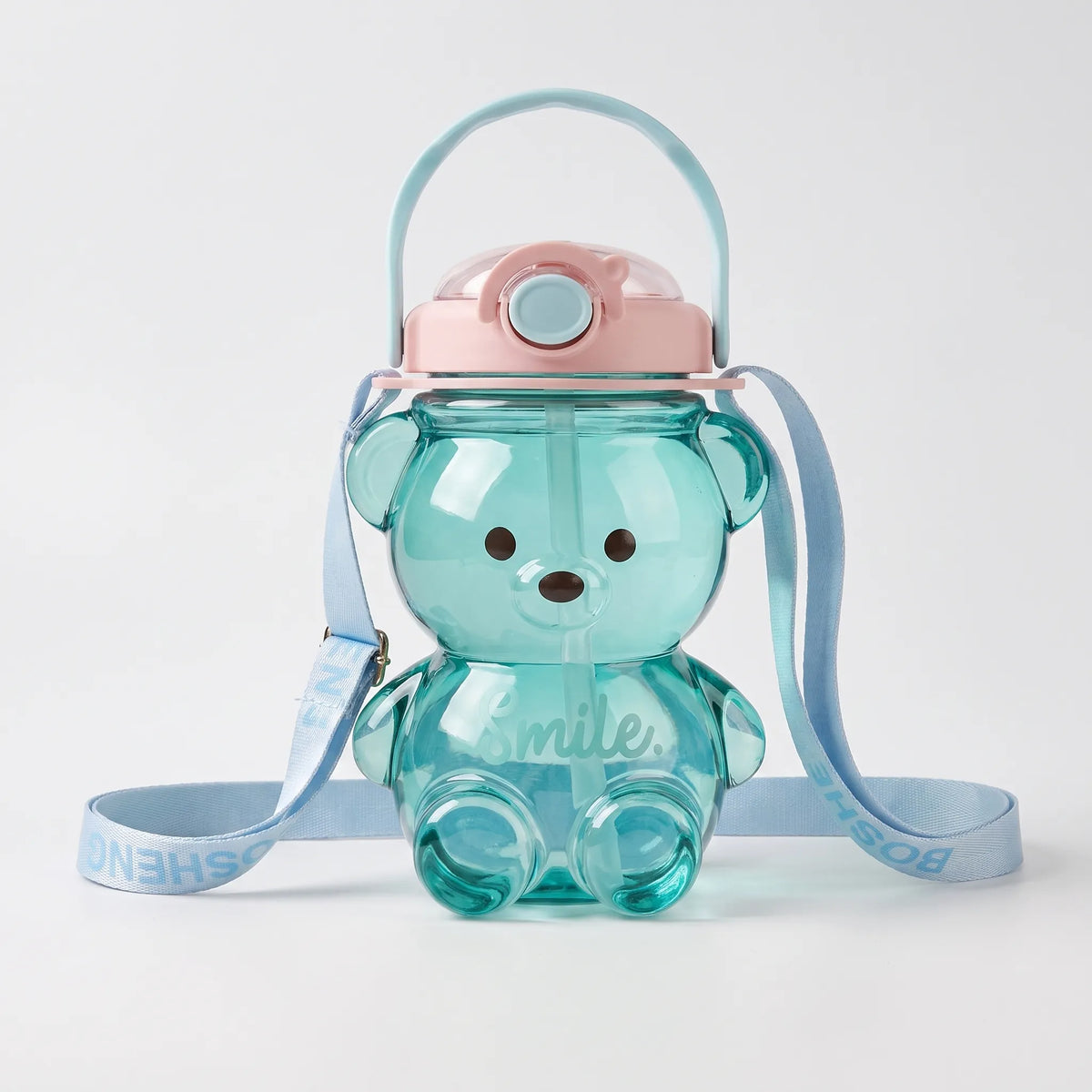 Botella de agua infantil transparente con forma de oso, diseño divertido y correa