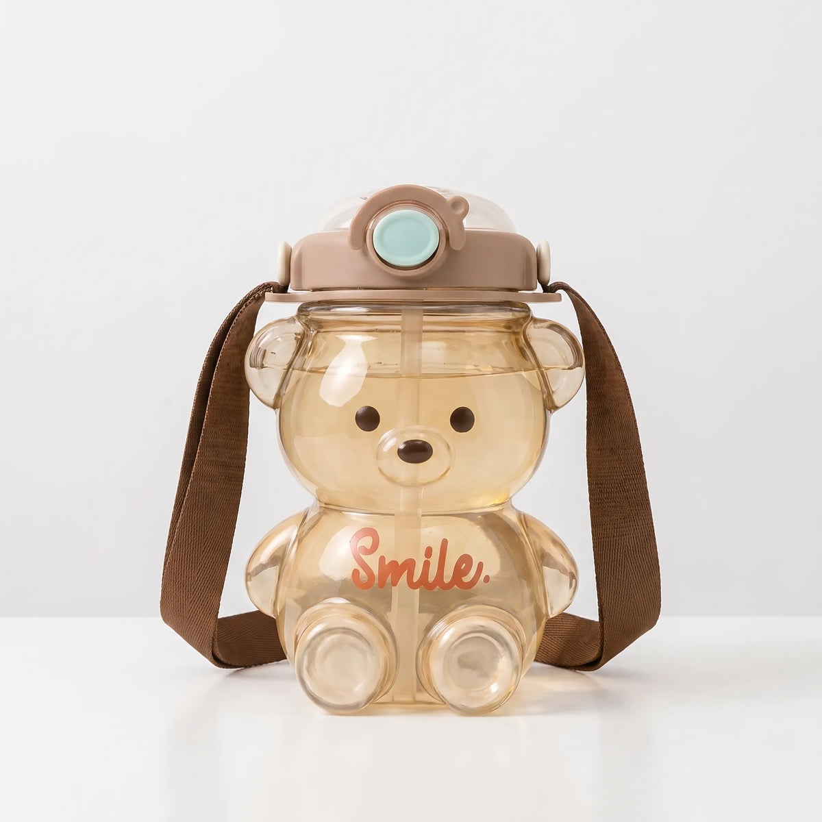 Botella de agua infantil transparente con forma de oso, diseño divertido y correa