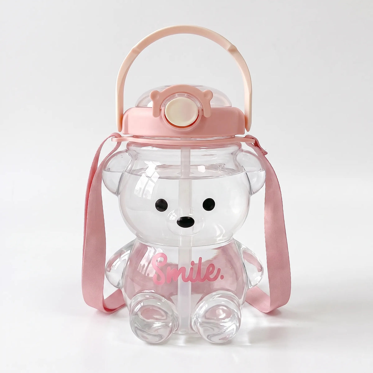 Botella de agua infantil transparente con forma de oso, diseño divertido y correa