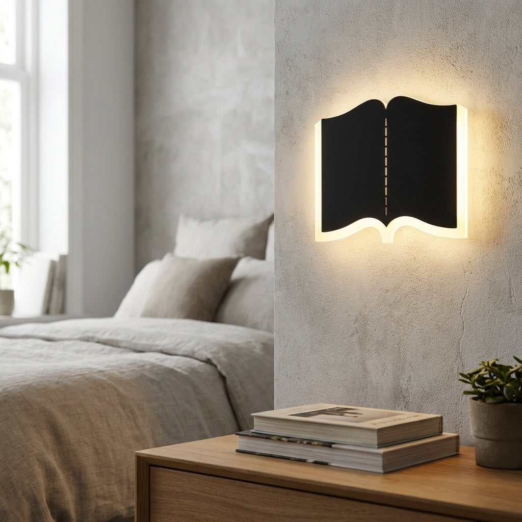 Lámpara de pared escultórica de hierro y acrílico con silueta de libro abierto