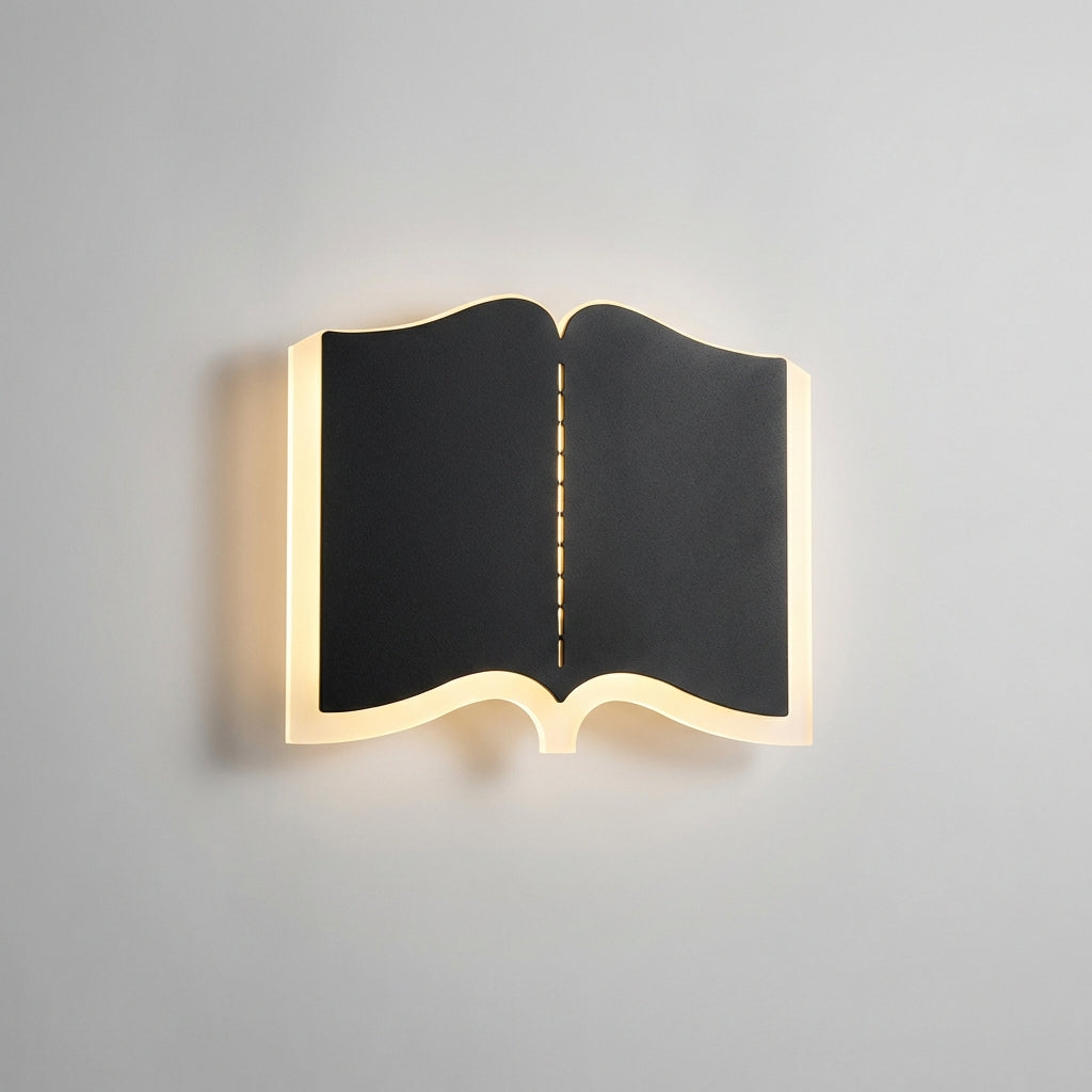 Lámpara de pared escultórica de hierro y acrílico con silueta de libro abierto
