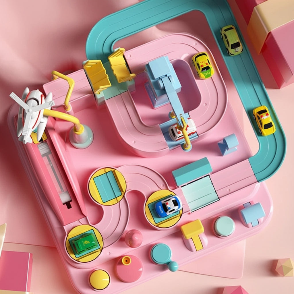 Set de juego de rompecabezas de pista mecánica para autos, modular y de aventura urbana