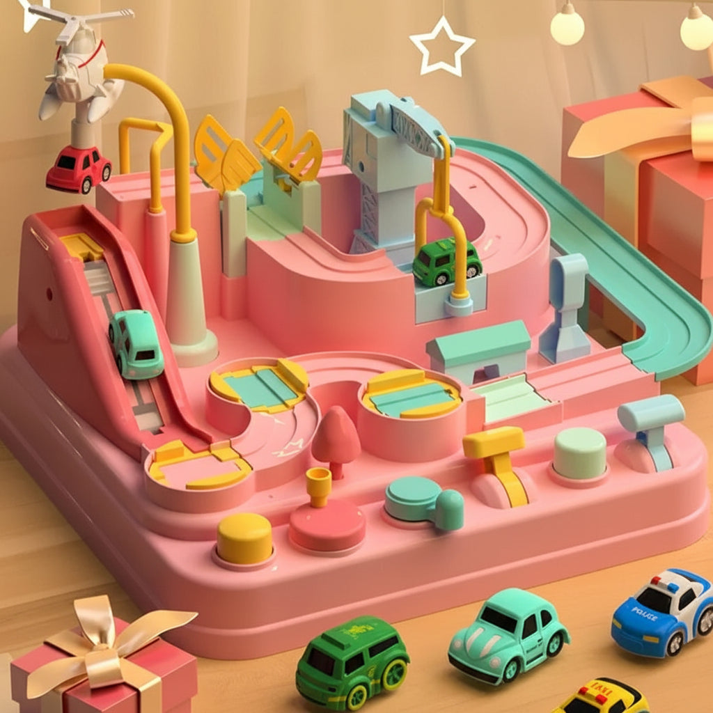 Set de juego de rompecabezas de pista mecánica para autos, modular y de aventura urbana