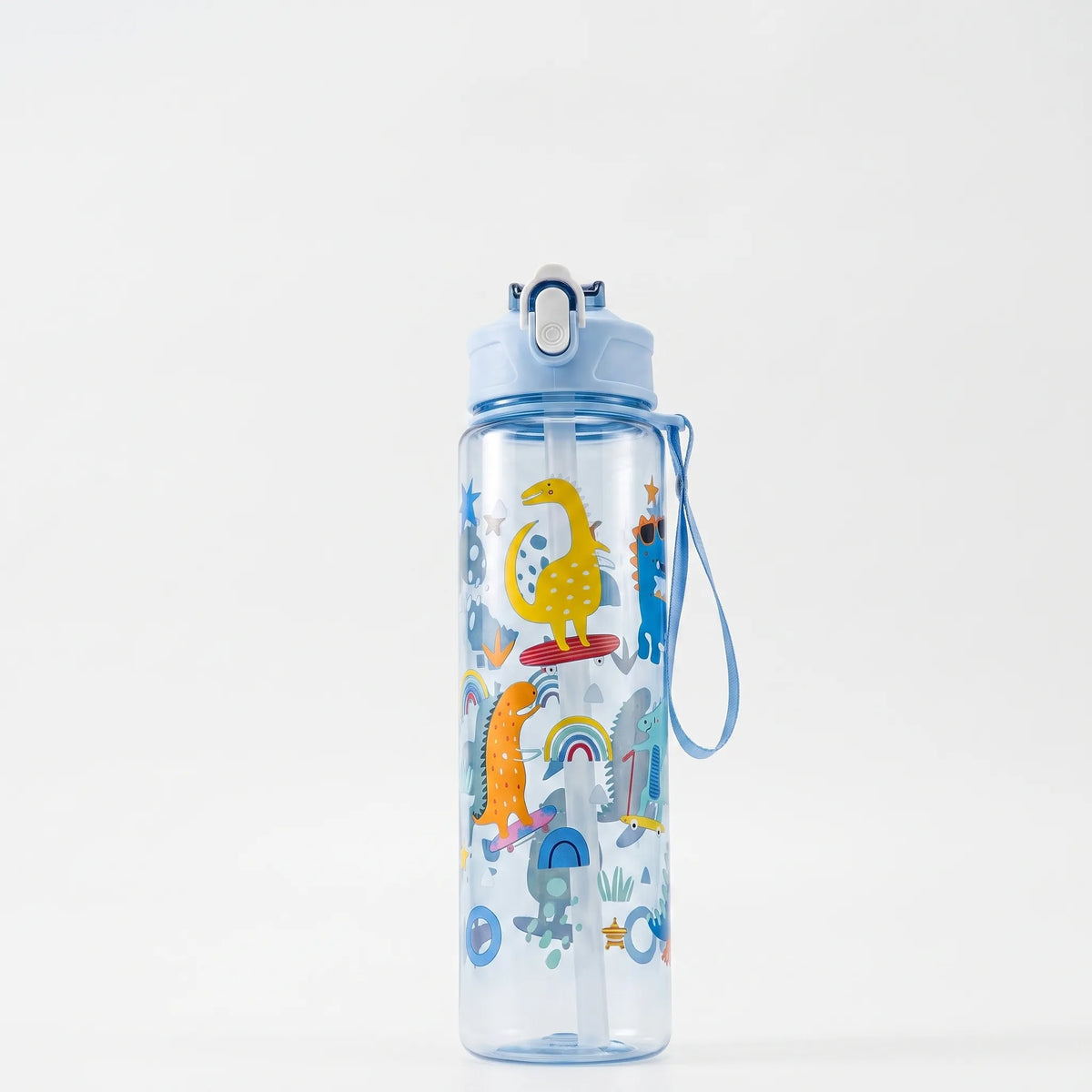 Botella de agua con estampado de dibujos animados, botón pulsador, tapa abatible y pajita