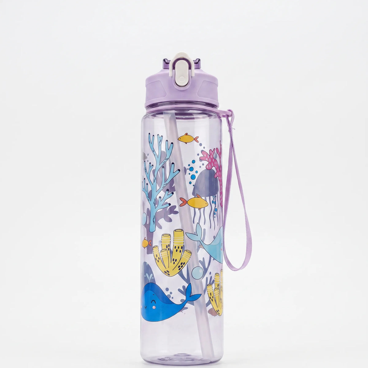 Botella de agua con estampado de dibujos animados, botón pulsador, tapa abatible y pajita