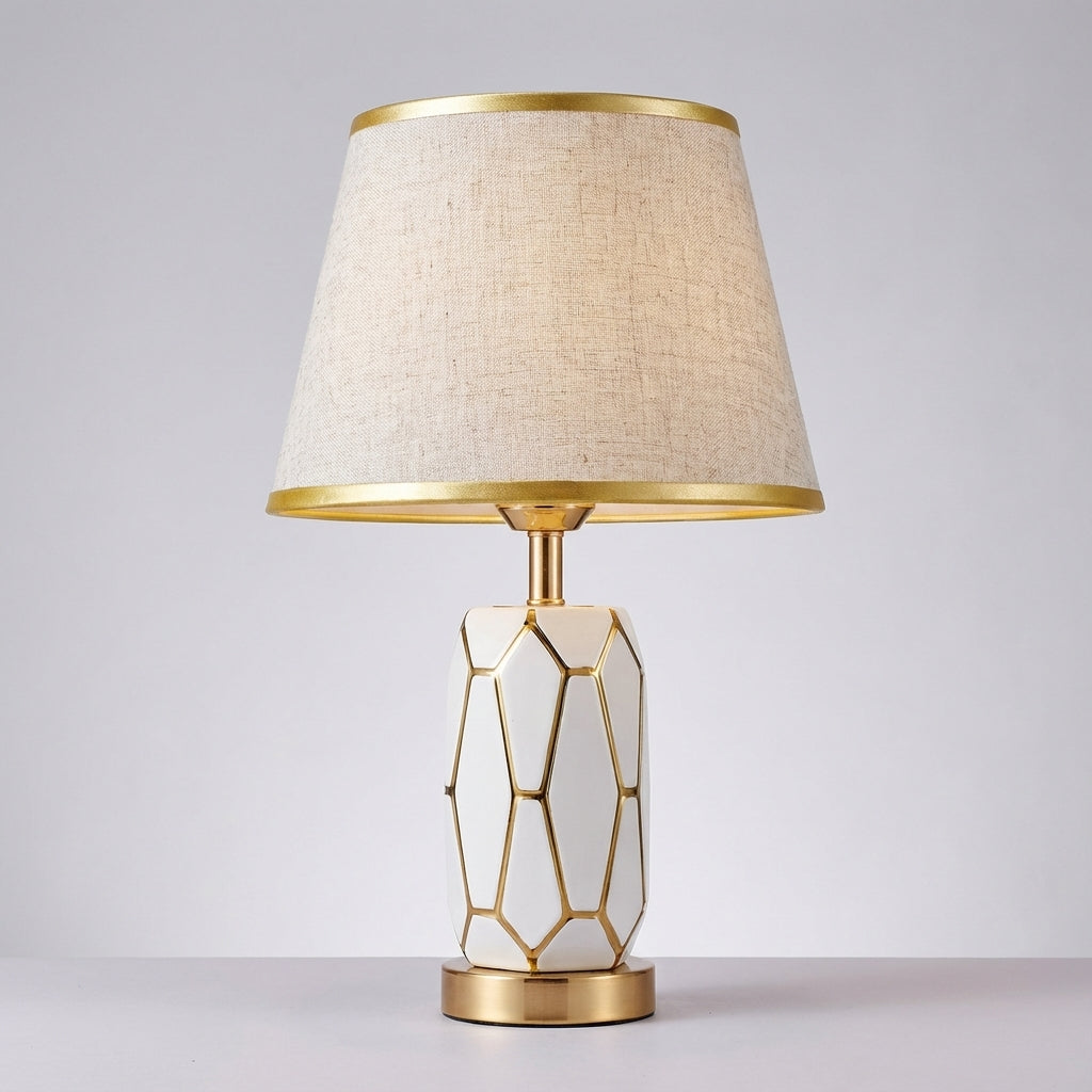 Lámpara de mesa retro minimalista con base de cerámica y pantalla de tela