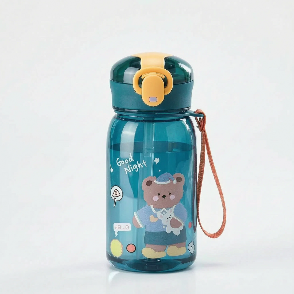 Botella de agua infantil transparente con diseño de oso, botón pulsador y pajita