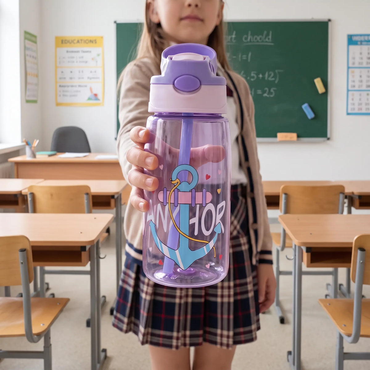 Botella de agua infantil transparente con estampado de dibujos animados, botón pulsador y pajita
