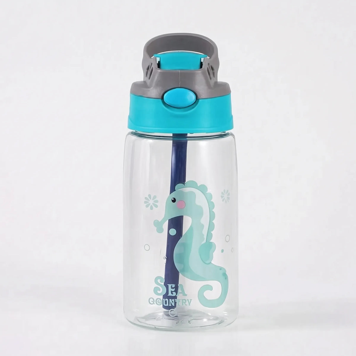 Botella de agua infantil transparente con estampado de dibujos animados, botón pulsador y pajita