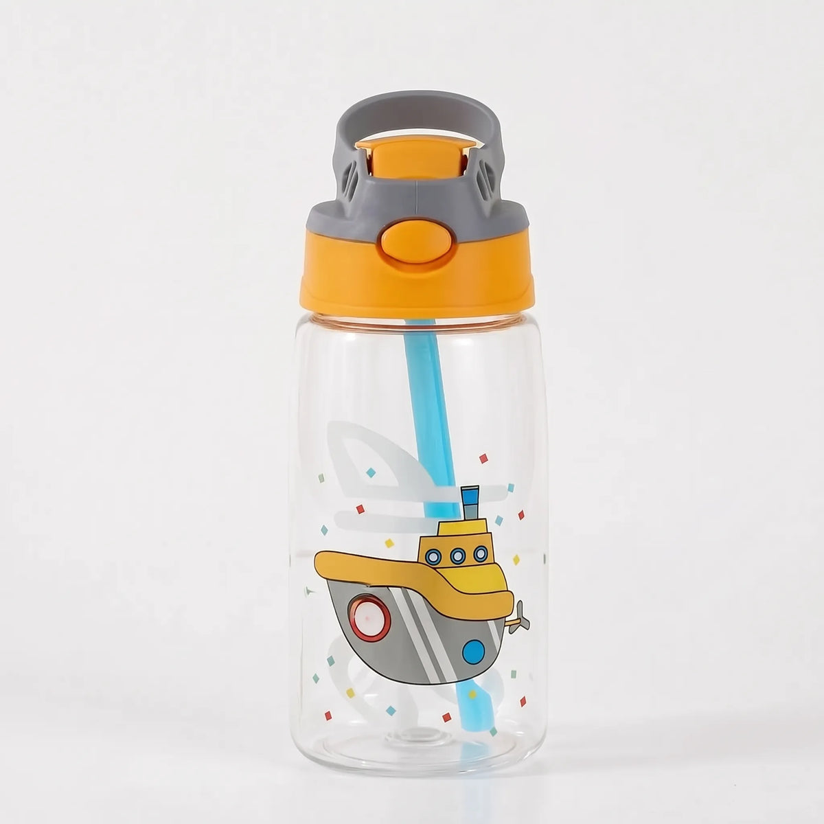 Botella de agua infantil transparente con estampado de dibujos animados, botón pulsador y pajita