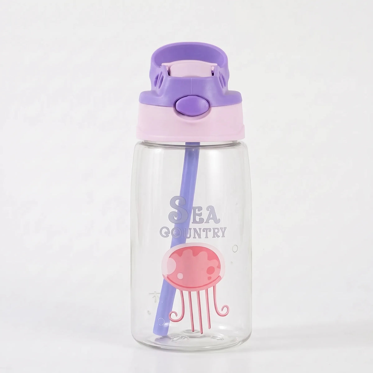 Botella de agua infantil transparente con estampado de dibujos animados, botón pulsador y pajita